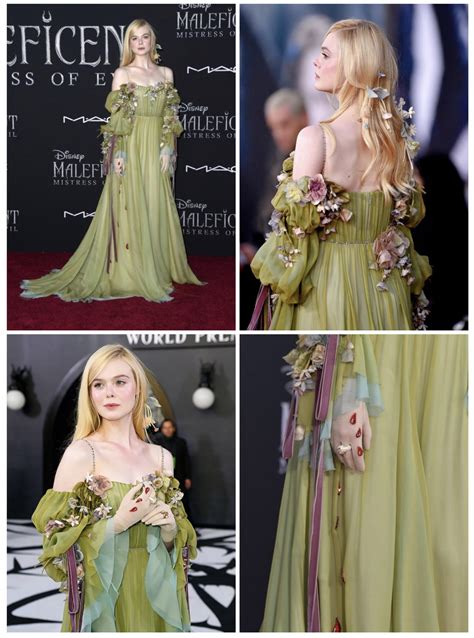 elle fanning green gucci dress